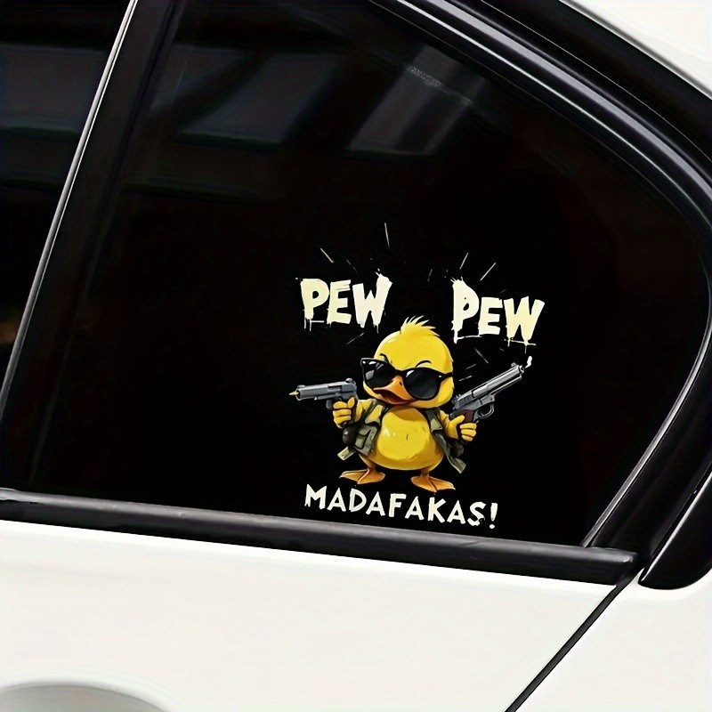 

Fully armed duckling cartoon vinyl sticker - funny "PEW PEW" design for cars, trucks, motorcycles, luggage and more
