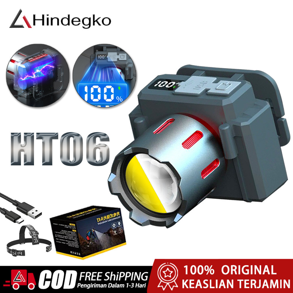 Hindegko HT06 Senter Super Terang Kepala Senter Lampu Depan LED Zoom Headlamp Lampu Putih Dan Kuning