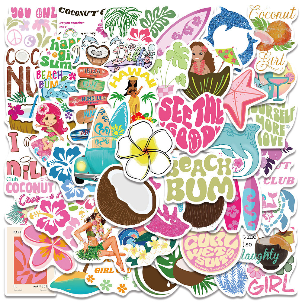 

50PCS Cartoon Summer Coconut Girl Beach Stickers Kawaii DIY Graffiti Sticker Travel Luggage Guitar Fridge Laptop Kid Decal