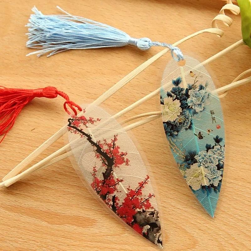 

1pc Lovely Classical Elegance Gift tassel Chinese wind natural Collectibles leaves vein B02 Gift Student Bookmark