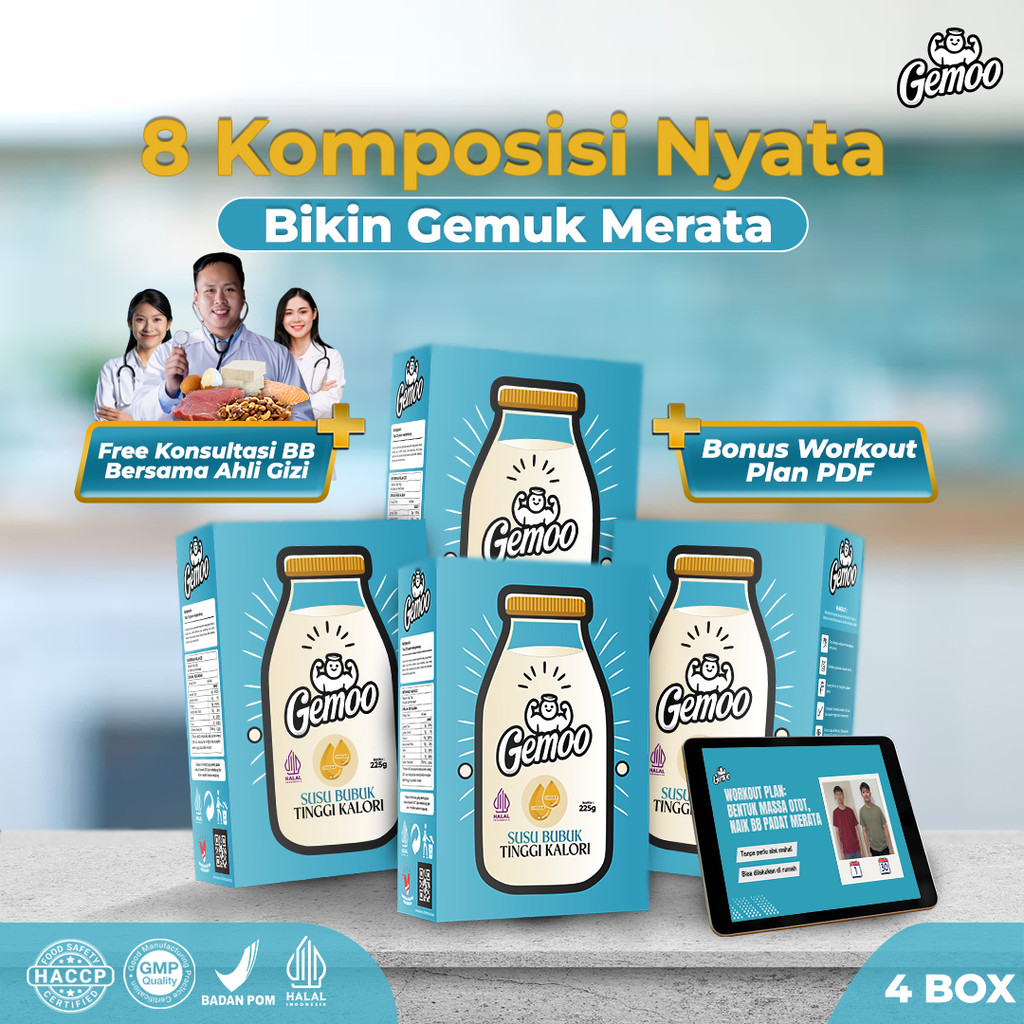 

GEMOO Susu Whey Protein - Penggemuk Badan Pembentuk Massa Otot - Naik BB Padat Merata - 4 Box
