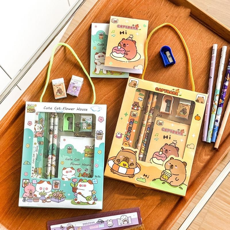 

6Pcs/Set Cartoon Capybara Pencil Stationery Set Kawaii Eraser Pencil Sharpener Children Student Stationery Supplies