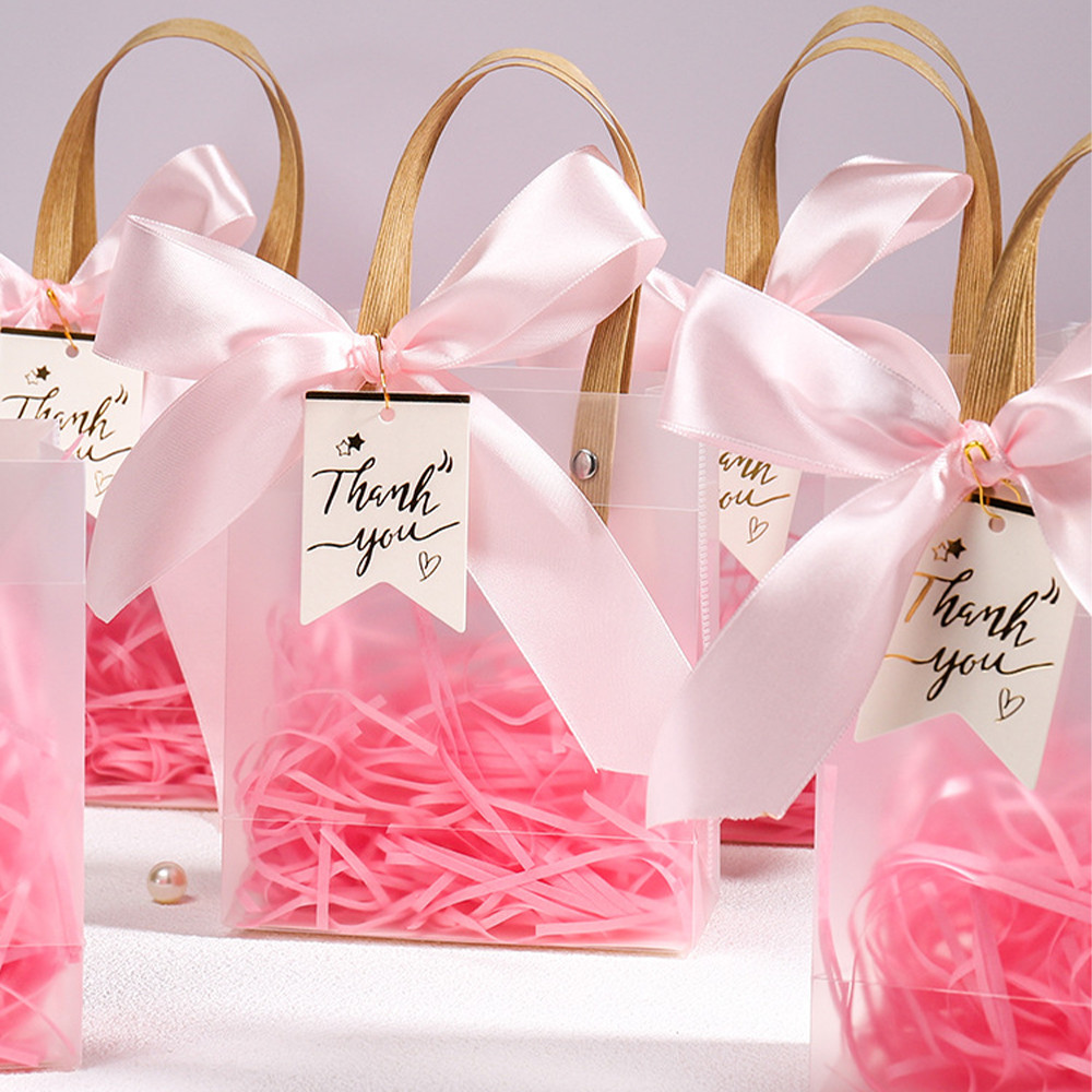 

10pcs Clear PVC Gift Bags with Pink Ribbon Plastic Tote Bag Gift Wrap Bag for Wrapping Holiday Gifts Shopping Birthday Supplies