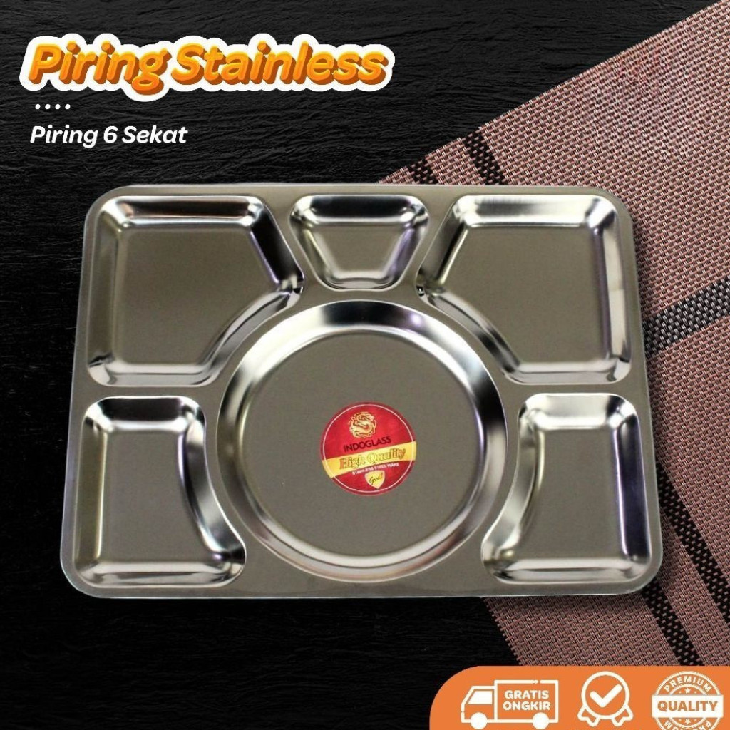 Dapur Stianless -  Food Tray Tebal / Piring Nampan Stainless Sekat 6 / Ompreng Rumah Sakit Sekat Sta