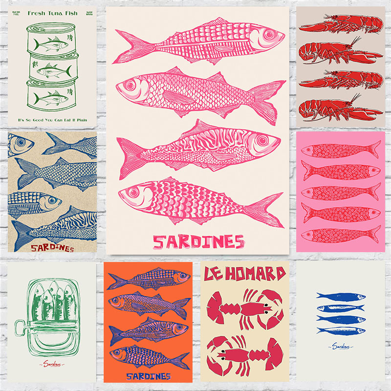 

Retro Kitchen Fish Blue Sardines Red Lobster Tuna Poster Print Wall Art Pictures Canvas Painting Living Room Bedroom Home Decor