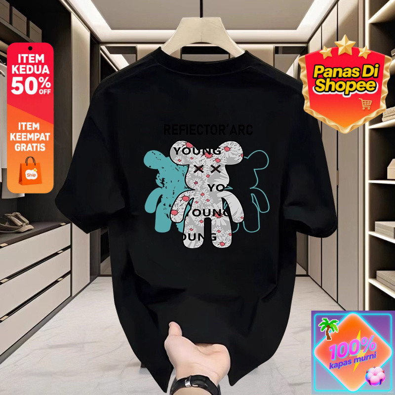 Pilihan Trend Kaos T - Shirt Pendek Pria Kasual Katun, Desain Cetak Beruang Unik