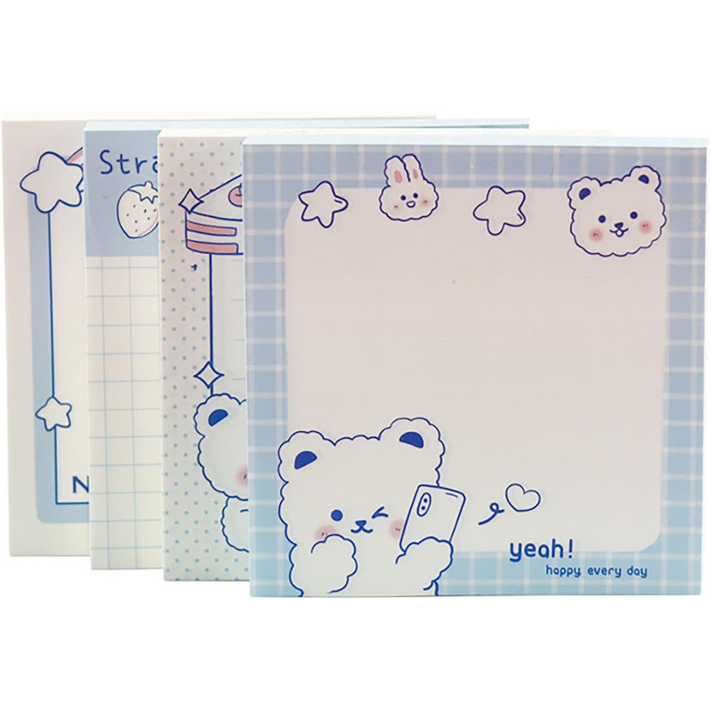 

4 Pack Cute Sticky Notes Kawaii Sticky Notes Memo Pads 3.1x3.1 Inches Fresh Bear Series Self-Stick Note Pads for Girls Boys