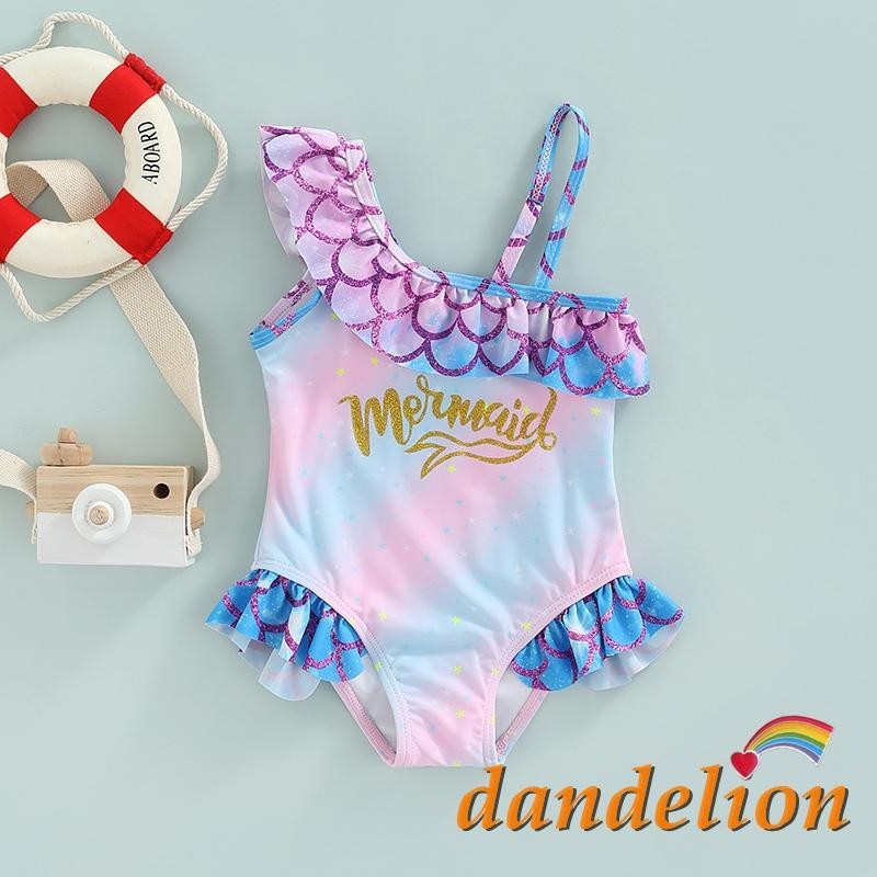 Baju renang motif huruf perunggu tali asimetris hiasan Ruffle skala ikan Bikini satu potong anak per