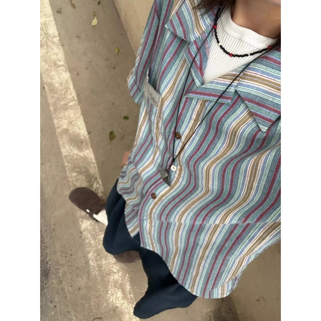 Lukisan Cat Minyak Retro Merasa Garis Warna-warni Kemeja Lengan Pendek Wanita Musim Panas Kuba Kerah