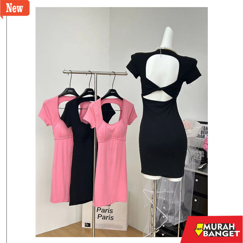 dress wanita kekinian dress hitam Wanita Bodycon Lengan Pendek pantai backless mini prom dress korea