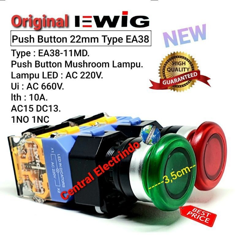 Push Button Mushroom Lampu LED EWIG EA38-11MD 22mm 10A.