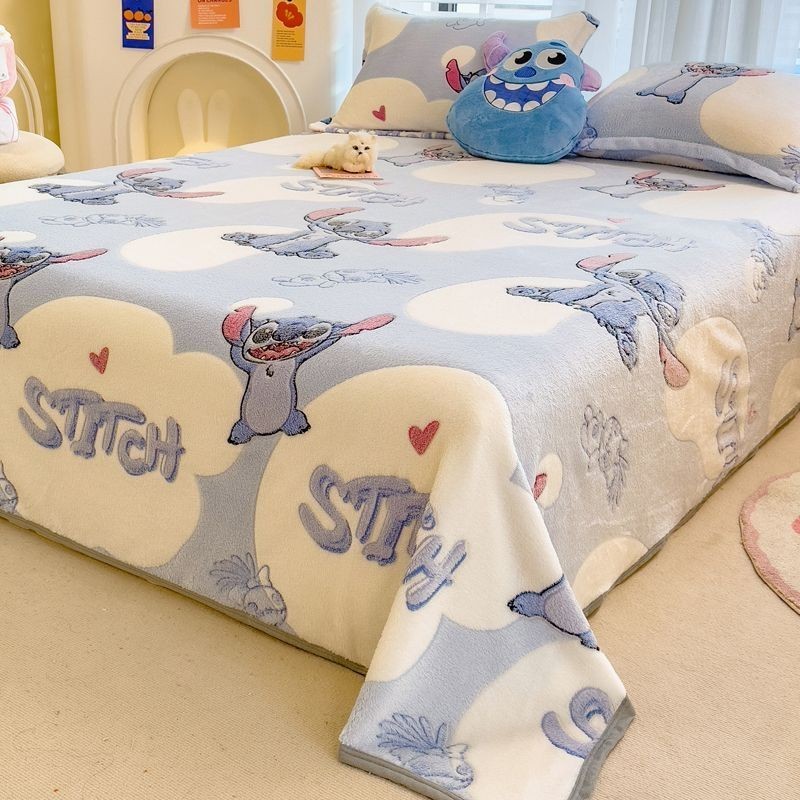 Disney Stitch Milk Velvet Bed Sheet Single Piece Pile Thickened Coral Velvet Farley Fleece Winter Fl