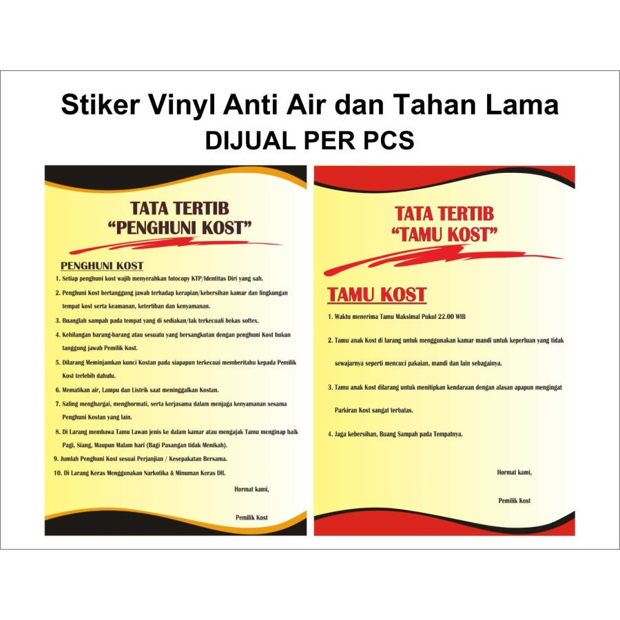

STIKER VINYL PERATURAN PENGHUNI & TAMU KOST
