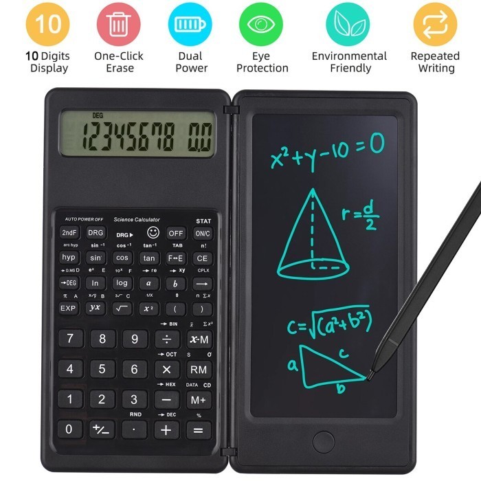 

Foldable Scientific Calculator 10-Digit with Erasable LCD Writing Pad - Hitam