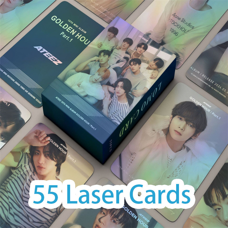

55PCS Kpop ATEEZ Laser Card Album GOLDEN HOUR Part 1 Lomo Card Photo Card Fan Favorite Gift Hongjoong Yeosang Postcard K-POP