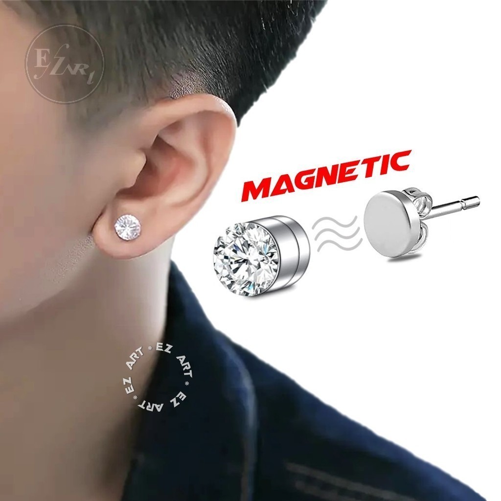 Anting Magnet Permata Mirip Pakai Asli Diamond Bulat Dengan Tangkai Jarum Stick Belakang Super Kuat 