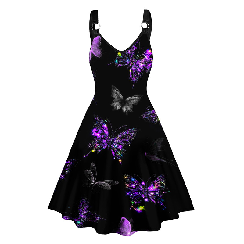 2024 Fashion Women Summer Dresses Colorful Butterfly Print Dress V Neck O-Ring A Line Dress платье ж