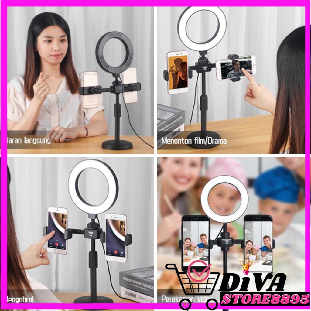 Ring Light Tripod 2 Holder Stand Handphone Ganda Live Streaming Tripod Ring Light 16cm