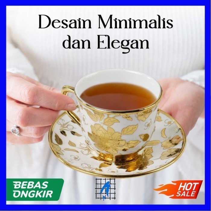 Set Cangkir Keramik + Piring 6in1 Tea Coffee Cup Electroplating 100ml VIntage Klasik - Motif A