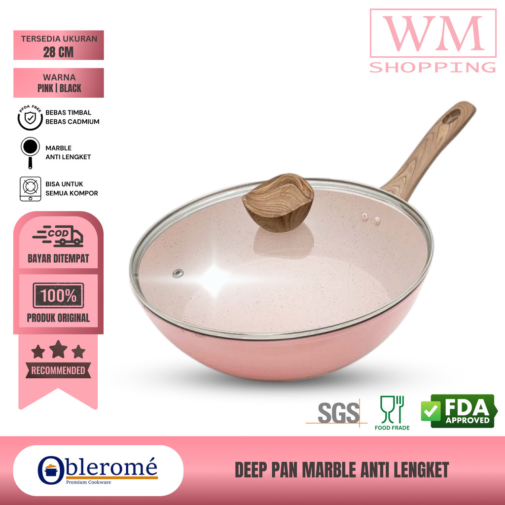 WMSHOPPING - OBLEROME Wok Pan Granite 28 CM + Tutup Kaca Deep Pan Marble Cookware