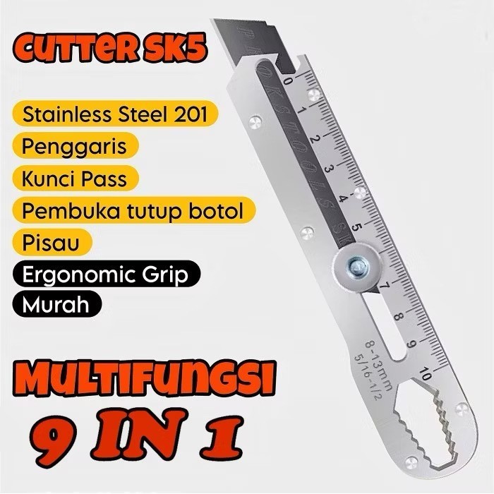 

9 In 1 Cutter Karter Carter Stainless Besar Penggaris Besi 10 CM Pisau Potong Kertas Kardus Paket Kunci Pas Alat Buka Tutup Botol