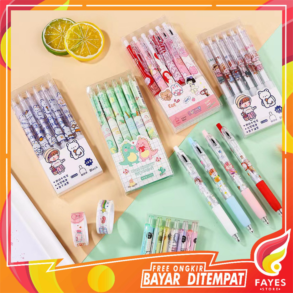 

FAYES COD (6pcs) Set Pen Gel Mekanik 0.5mm Motif Cartoon/Pulpen Gel Mekanik Lucu/Pulpen Aesthetic P13