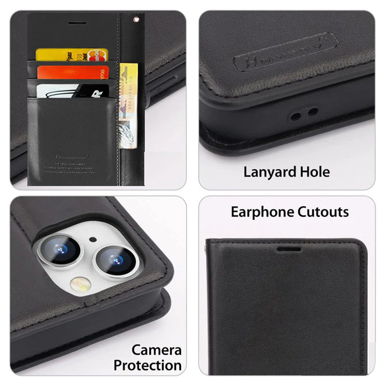 ☽ Hanman Luxury leather Case Cover iPhone 16+ 16 Pro Max 15 Plus Leather Flip Pouch Case Calfskin Pl