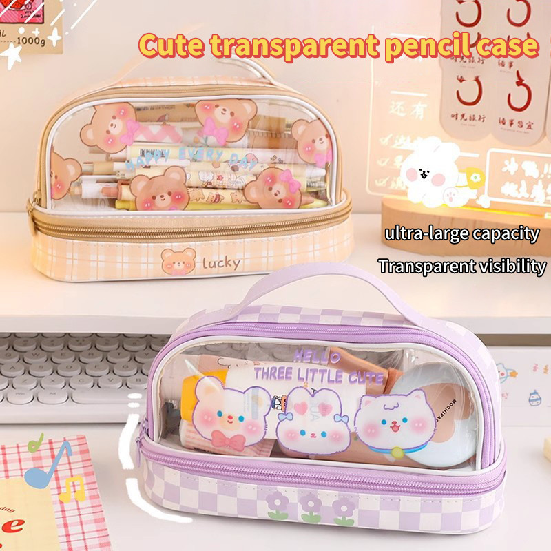 

Kawaii Cartoon Large Capacity Transparent Double Layer Pencil Case Cartoon Stationery Pen Bag