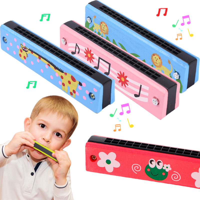 16 Hole Wooden Chromatic Harmonica Children Harp Children Kids Cartoon Mini Musical Wind Instrument 