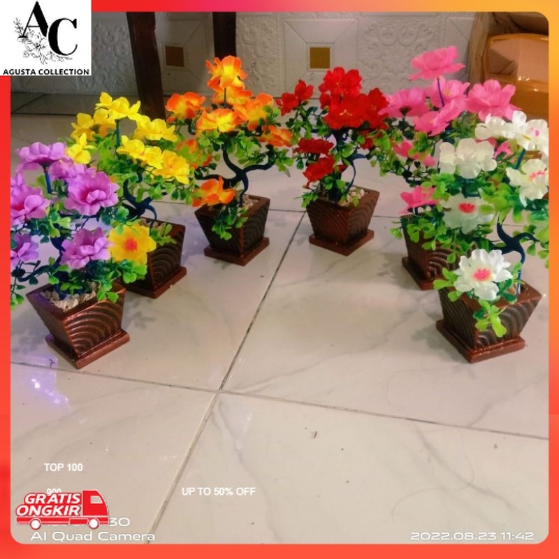 Bunga Dekorasi / BUNGA PLASTIK + POT DAN BATU // ORNAMEN POT KAYU TANAMAN PAJANGAN ARTIFICIAL DEKORA