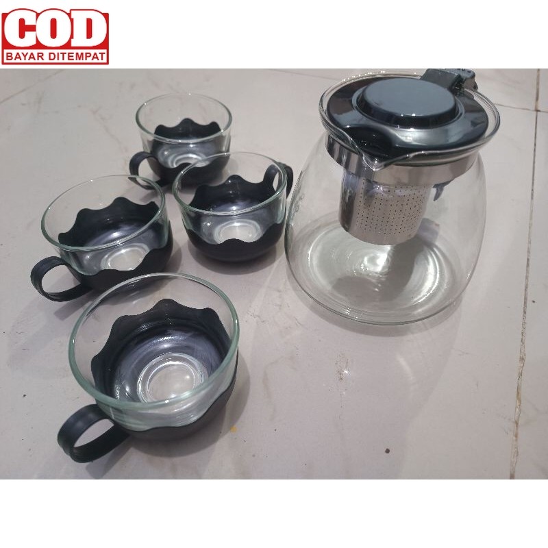 teko minuman teh herbal teapot China Chinese tea 900ml plus 4 gelas teko kaca