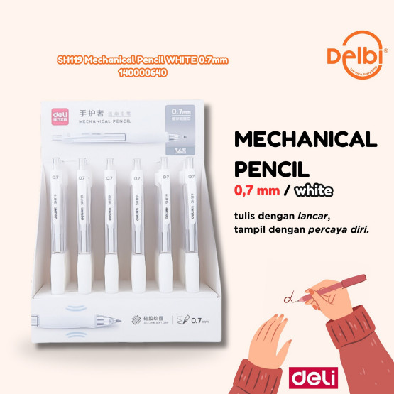 

Deli Mechanical Pencil / Pensil Mekanik 0.5mm 0.7mm Putih Transparan Dengan Penghapus SH119 Mechanical Pencil WHITE 0.7mm