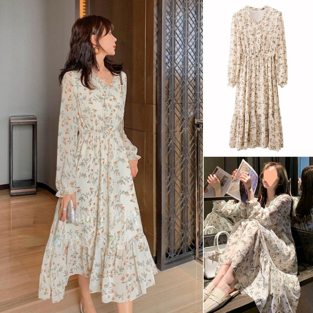 Dress Hijab Lengan Panjang - Motif Bunga Korea Import​