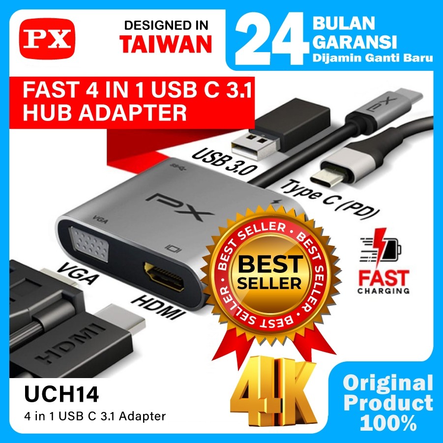 Type C 3.1 to HDMI VGA USB Hub Converter Adaptor 4 in 1 4K PX UCH14