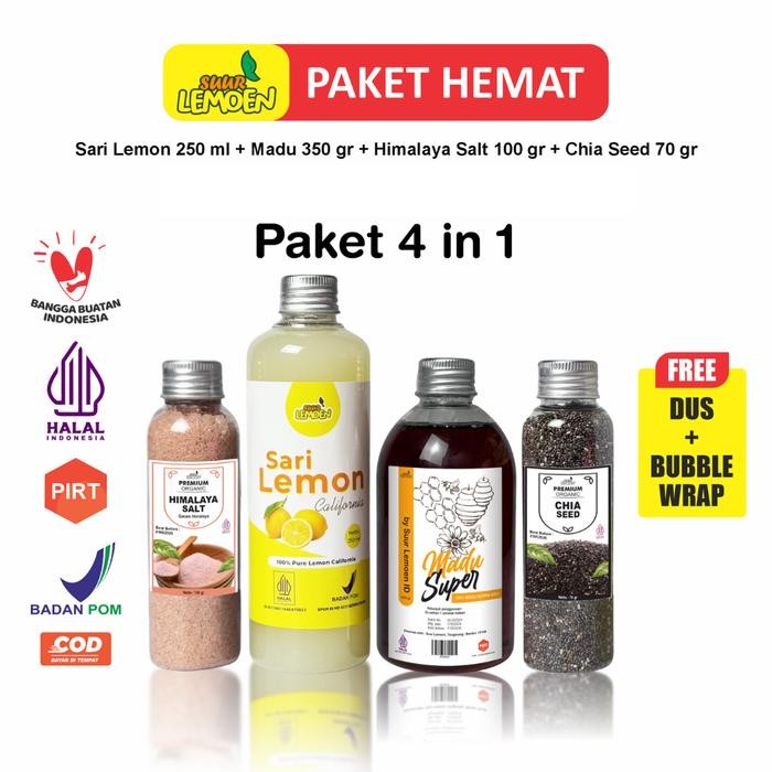 

Suur Lemoen Paket Sari Lemon Madu Chia Seeds Garam Salt Himalaya Cuka Apel - 4 IN 1