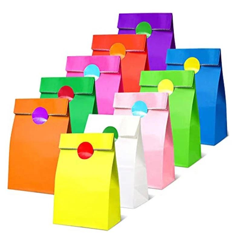 

10 pcs Colorful Solid Stripe and Polka Dot Stand-Up Bags with Stickers - 18x9x6cm Favor Gift Packing Treat Bags for Wedding