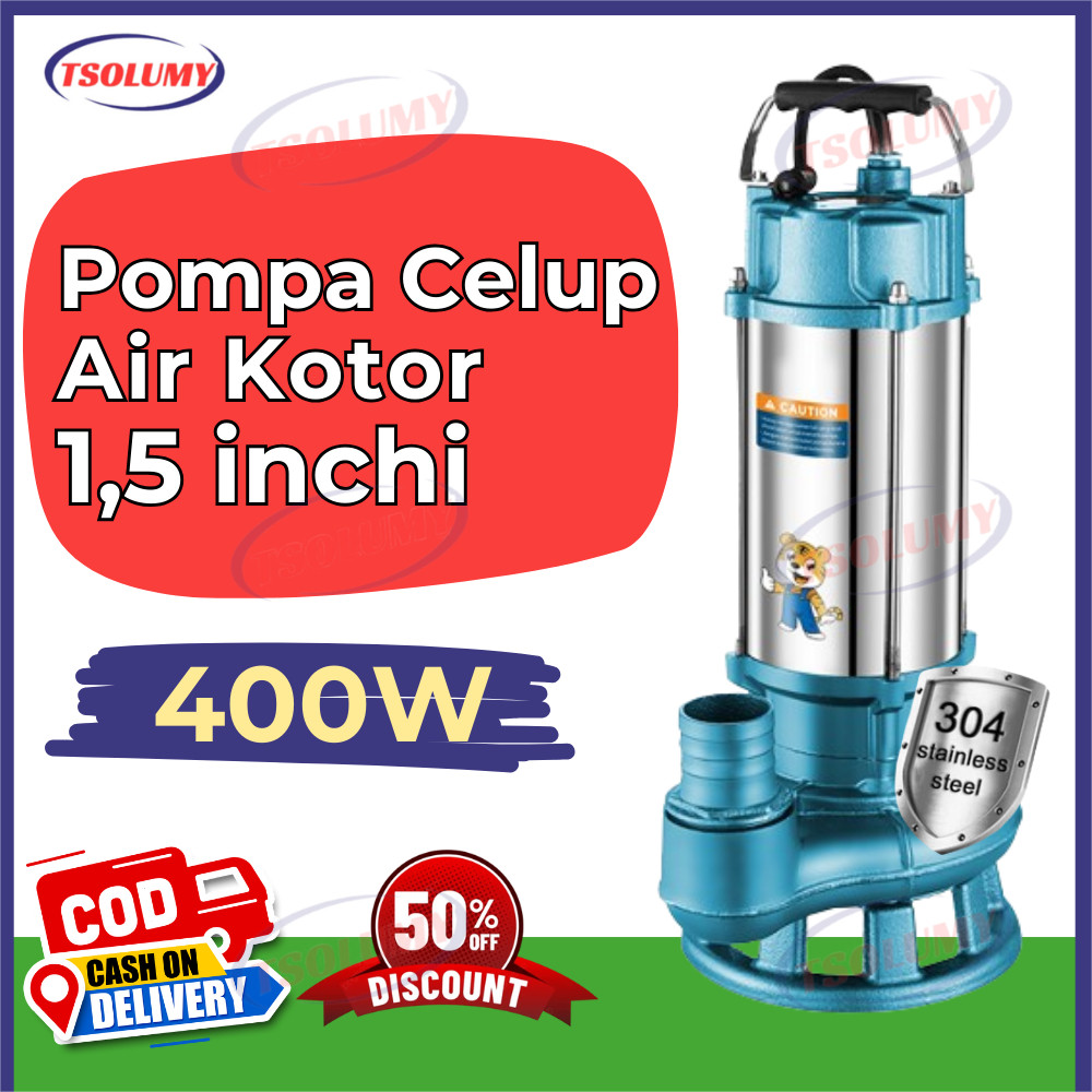 Tsolumy Pompa Celup Air Kotor WQD6-8-400W Stainless Submersible Pump  1.5inch Pompa Kolam Lumpur