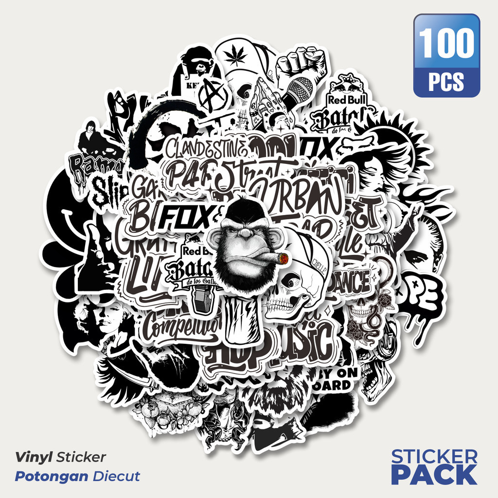 

100 PCS STIKER Hitam Dan Putih INS Style Waterproof Aesthetic- Untuk Laptop, Motor, dan Helm - Paper Stationery Pack
