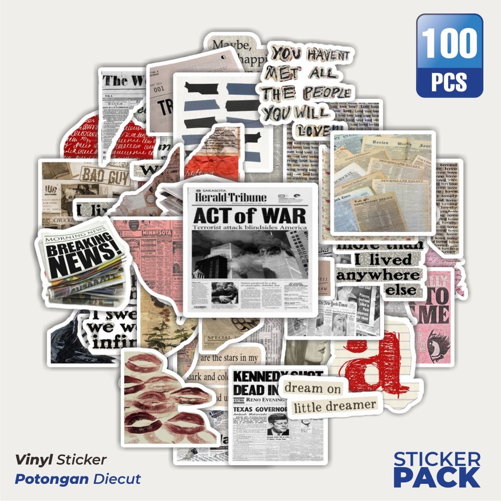 

100 PCS STIKER Tema Retro Kutipan Waterproof Aesthetic- Untuk Laptop, Motor, dan Helm - Paper Stationery Pack