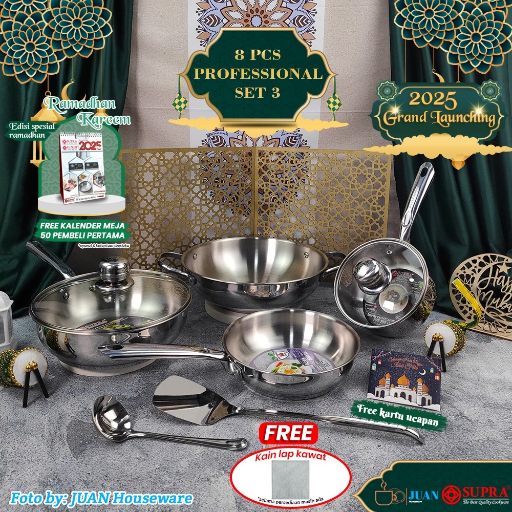 Supra 8 Pcs Professional Set Stainless Steel SUS 304 Impact Bottom / Cookware Set Penggorengan Anti 