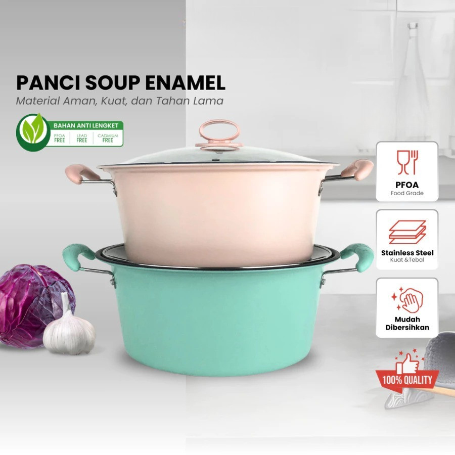 Panci Sup Enamel Tutup Kaca Soup Pot Panci Susu Enamel ANTI LENGKET Kuah Enamel Serbaguna Kualitas a