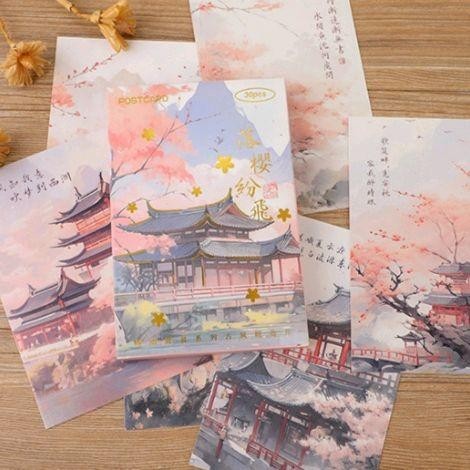 

(Isi 30) Koleksi Kartu Pos / Postcard Gambar Lukisan Tiongkok, Musim Gugur Bunga Sakura