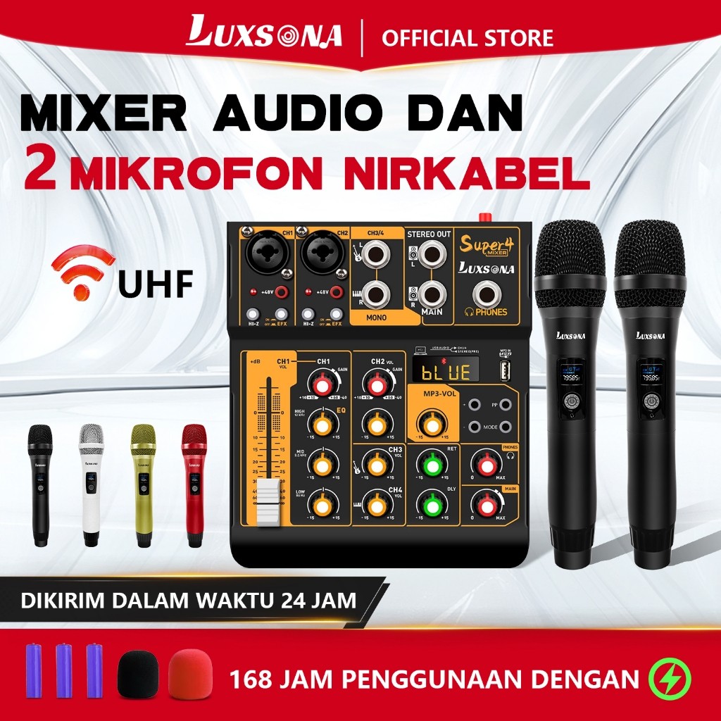 LUXSONA Mixer profesional 4 saluran + 2 mikrofon UHF/mixer audio murah/amplifier mini 4 saluran/mikr