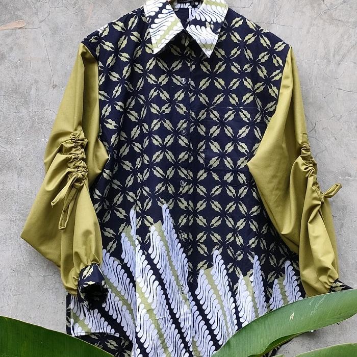 [[BEST SELLER]] Karina blouse batik kombinasi polos batik kerja kantor wanita modern batik cap bigsi