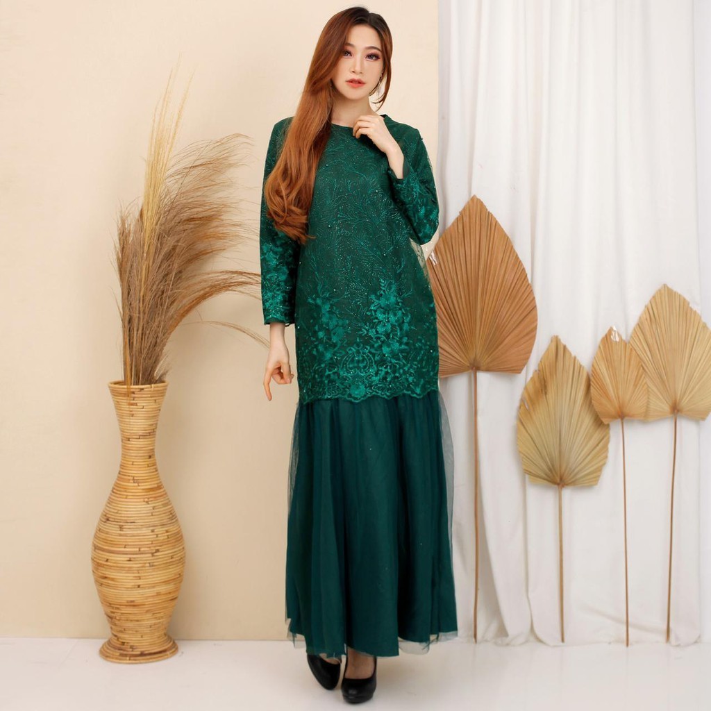 (FULL BRUKAT) Gamis Prilly Tille Duyung Premium Maxi Dress Brukat Tulle Bordir Gliter Fashion M