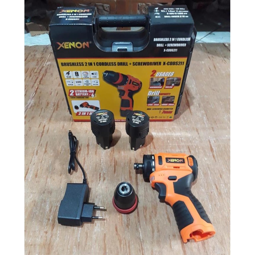 mesin bor baterai 12V model PESEK XENON CDDS2i1 bor Cordless BRUSHLESS  2 in 1 DRILL + SCREWDRIVER