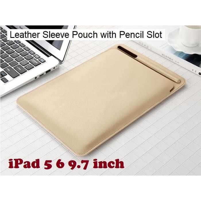 iPad 5 6 9.7 inch Leather Sleeve Case Cover Pouch with Pencil Slot - Hitam
