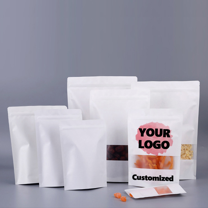 

High Quality White Kraft Paper Zip Lock Window Bags Customized CoffeeTea Dried Fruits Cereals Pet Food Zipper Packaging Pouch