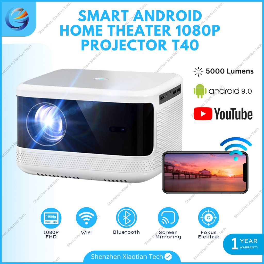 Proyektor T40 Android Wifi 5000 Lumens | Smart Proyektor Wifi Bluetooth | Proyektor 1080P Full HD | 