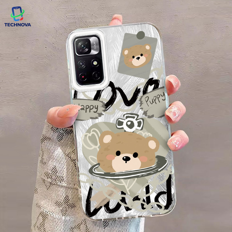 Casing Redmi Beruang coklat rantai IMD Hologram Feather Case Fashion Cocok untuk Redmi Note 9A 9I 12